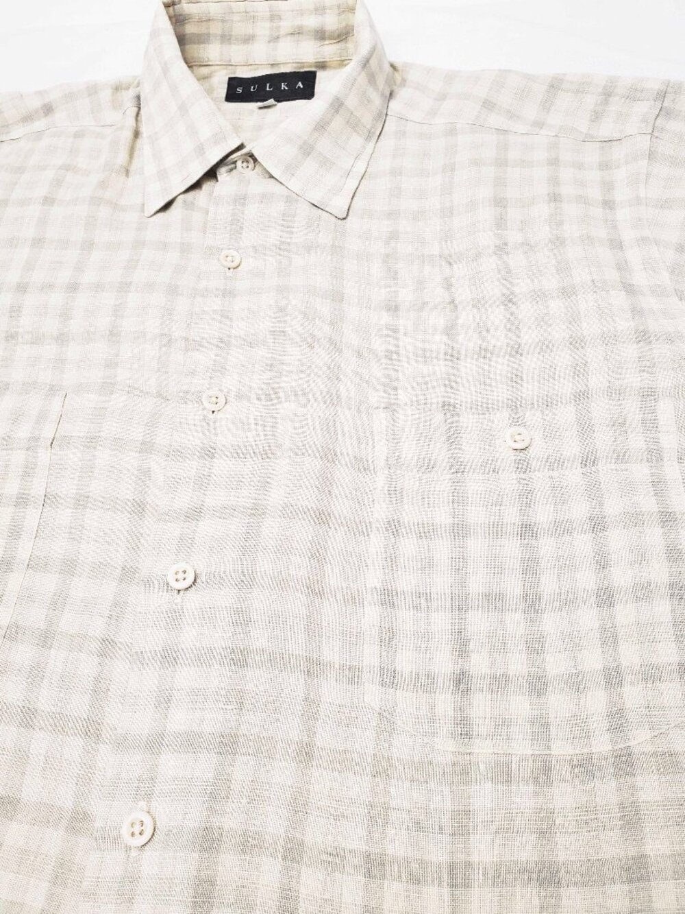 Sulka Men's Linen Tan and Ivory Check Plaid Button Down Shirt M